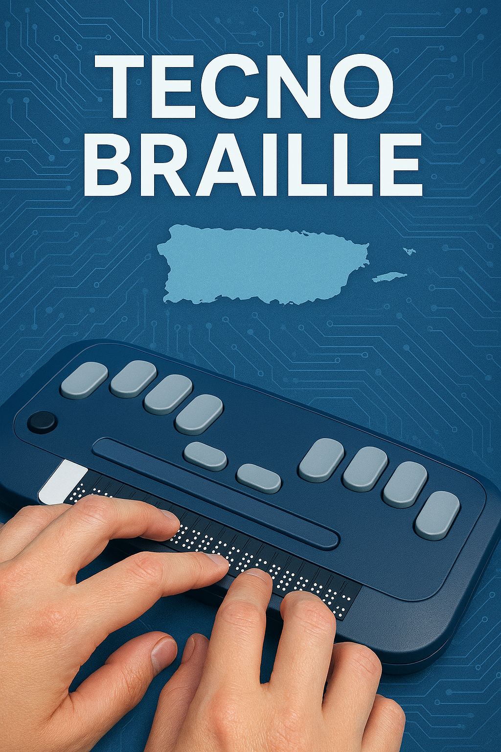 Manos leyendo una línea Braille en un dispositivo tecnológico similar al Chameleon 20, con teclas tipo Perkins y pantalla Braille, sobre un fondo azul con un patrón de circuitos y el mapa de Puerto Rico al centro. Encima aparece el título 'TECNO BRAILLE' en letras blancas.